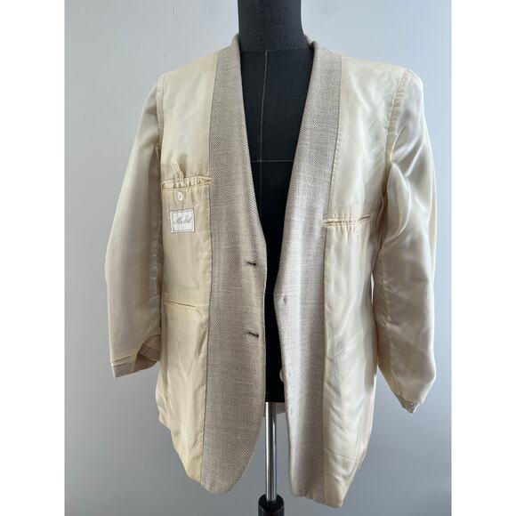 Vintage Mr Sid Silk & Wool Bespoke Suit Jacket Blazer Pale Yellow Beige 40 SG - Picture 7 of 12